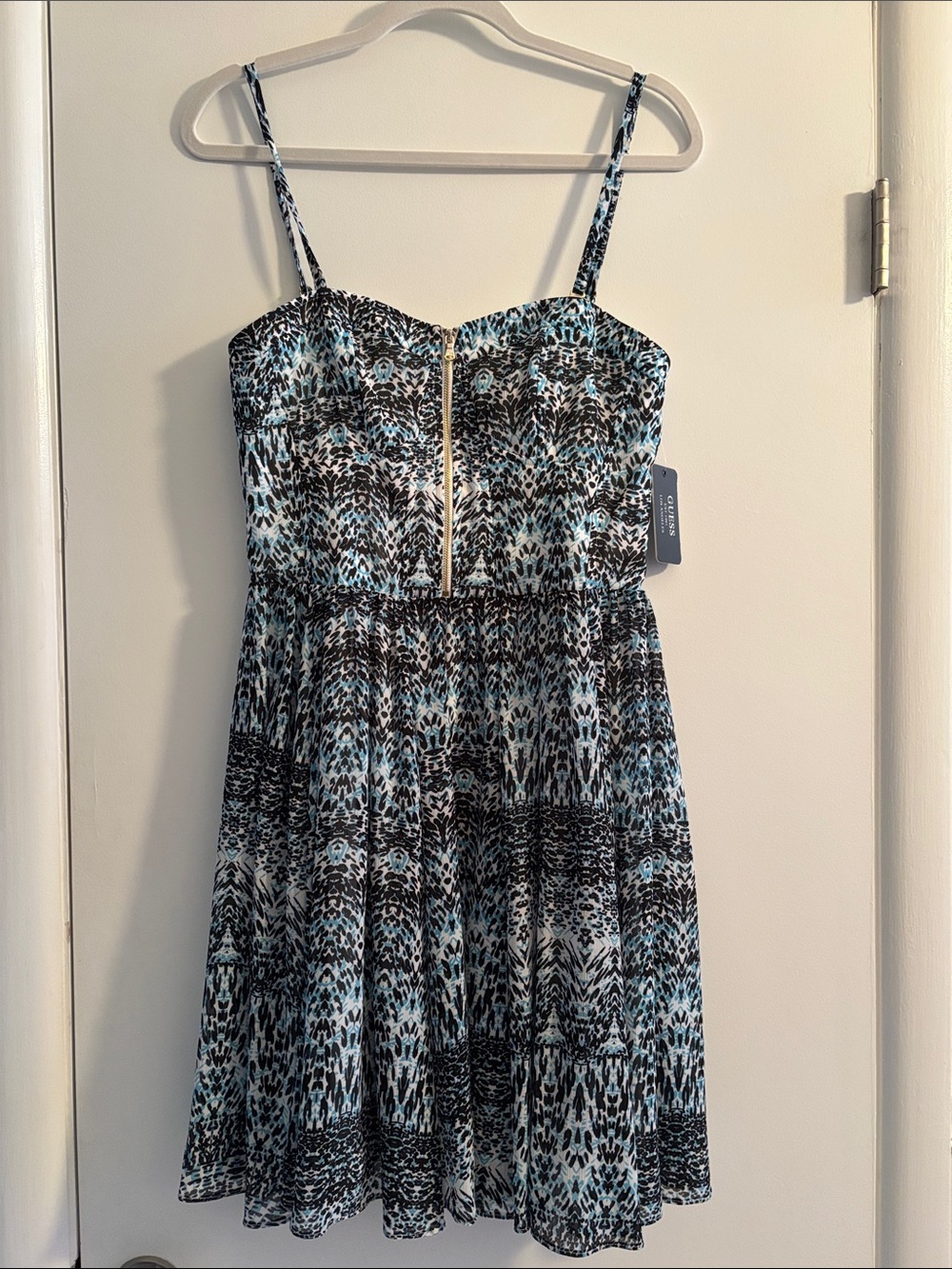 Guess Blue and Black Printed Spaghetti-Strap Mini Dress